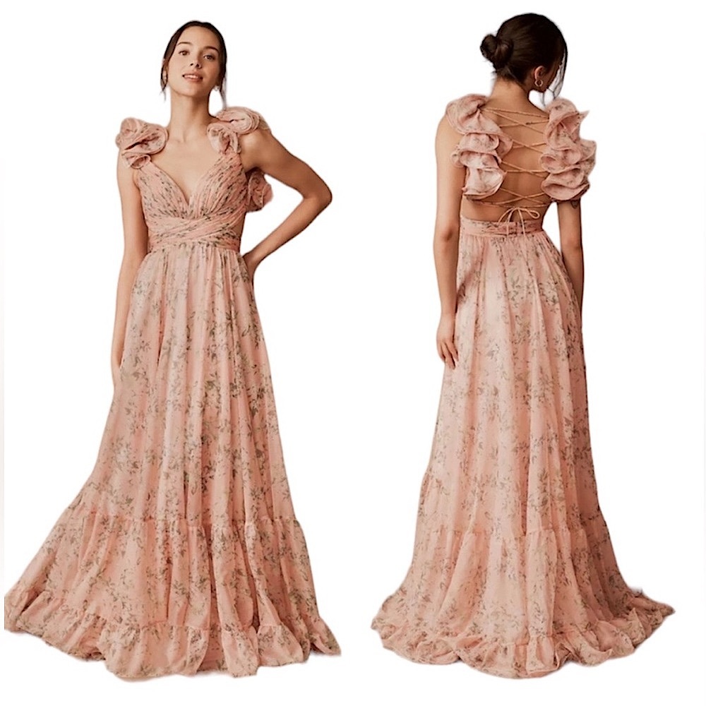 Mac Duggal Chiffon Maxi Gown Floral Backless Padded Cutout Ruffle Pink Green
